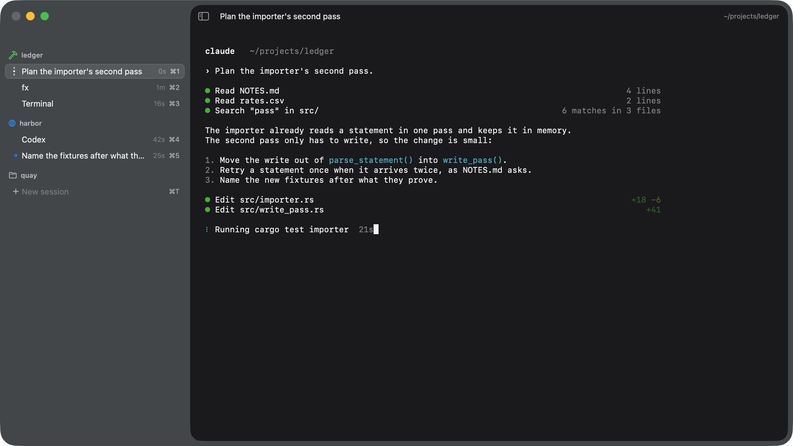 The Chorded window. On the left a list: the project ledger with a Claude session that is working, an fx session and a terminal; the project harbor with a Codex session and a Claude session that is waiting; the project quay with none. On the right, the Claude session at work on a plan.